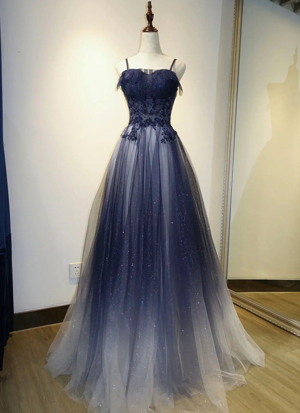Vestido longo de noite elegante com alças de tule em degradé, vestido de baile em tule corte em A Y1807