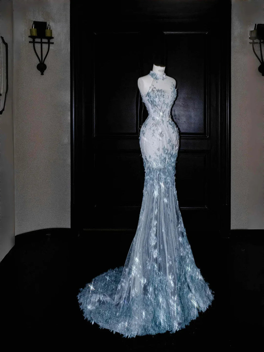 Traumblaues Tüll Pailletten Applikationen Meerjungfrau Abendkleid Langes Ballkleid Y8673