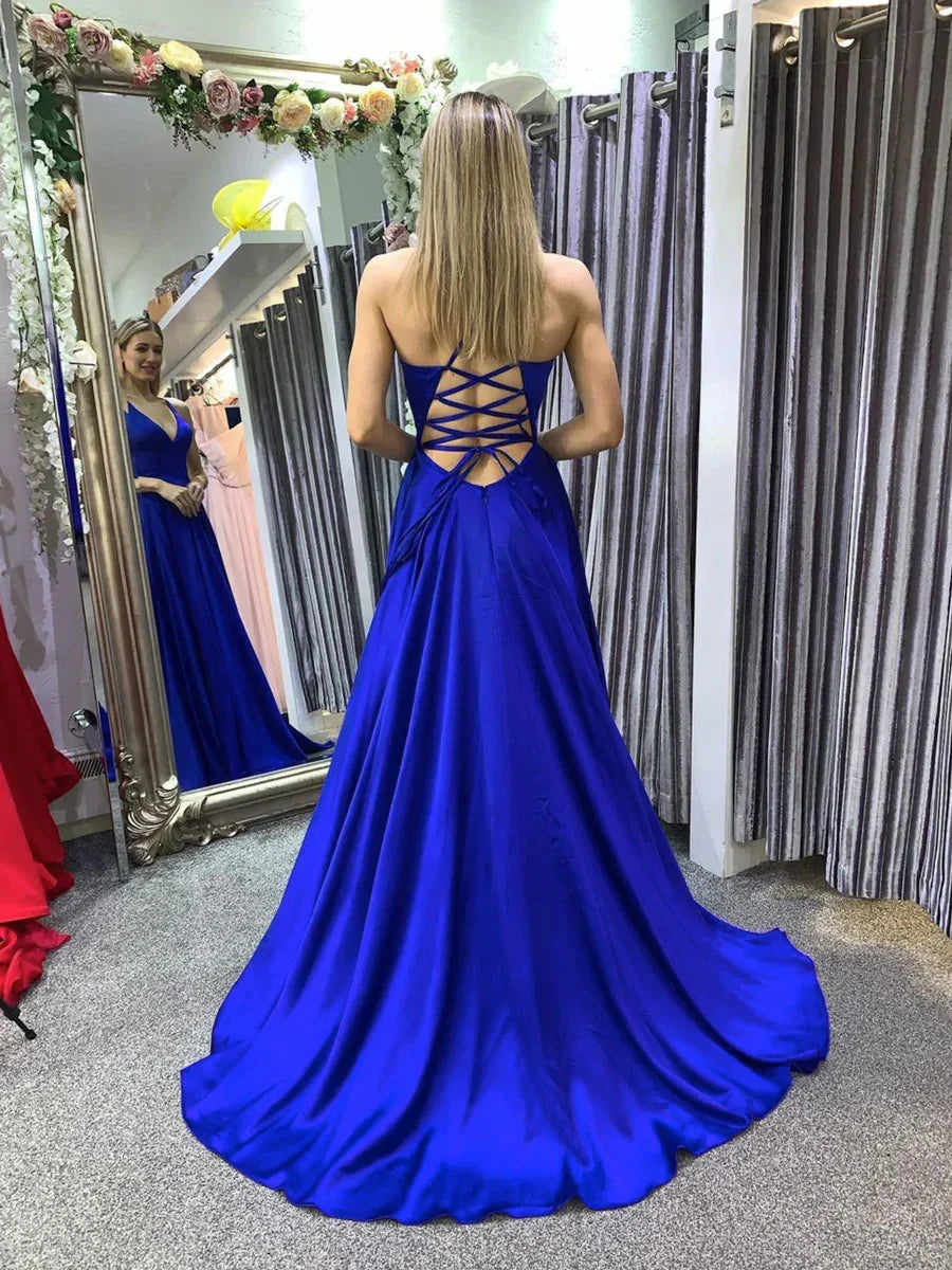Vestido longo azul simples em linha A para baile, vestido de noite azul sem costas Y367