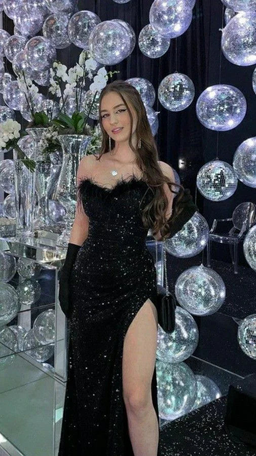 Abito da sera lungo nero con paillettes scintillanti, vestito da sera nero luccicante Y3085