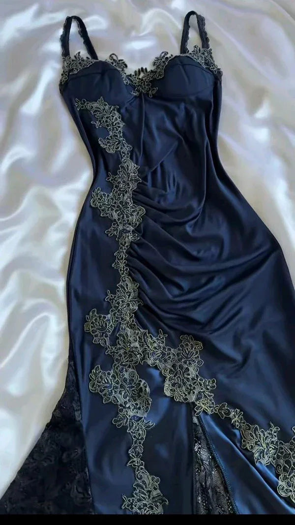 Vestido de Noite Sereia com Aplicações de Renda em Cetim Azul Marinho Vintage Vestido de Baile Y8497