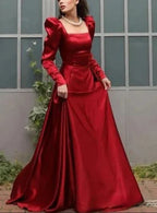 Vestido de fiesta elegante de satén rojo con escote cuadrado y corte en línea A Y7855