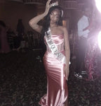 Vestido de noite longo de cetim rosa, estilo sereia, sem alças, para baile Y7721
