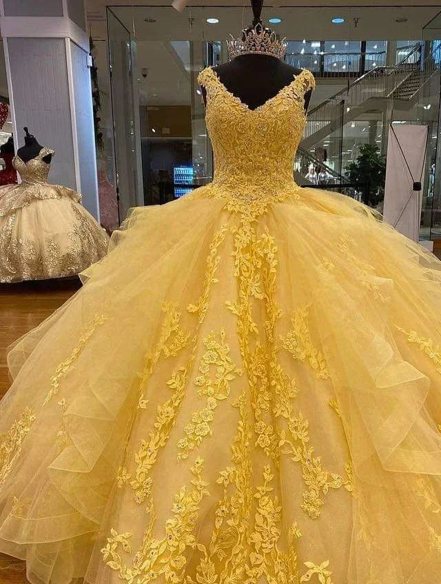 Abito da ballo giallo a linea ad A in tulle e pizzo, vestito per quindici anni, vestito dolce 15 Y4065