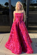 Vestido de noite elegante em cetim com estampado floral, rosa choque, sem alças, corte em linha A, com bolsos Y8036