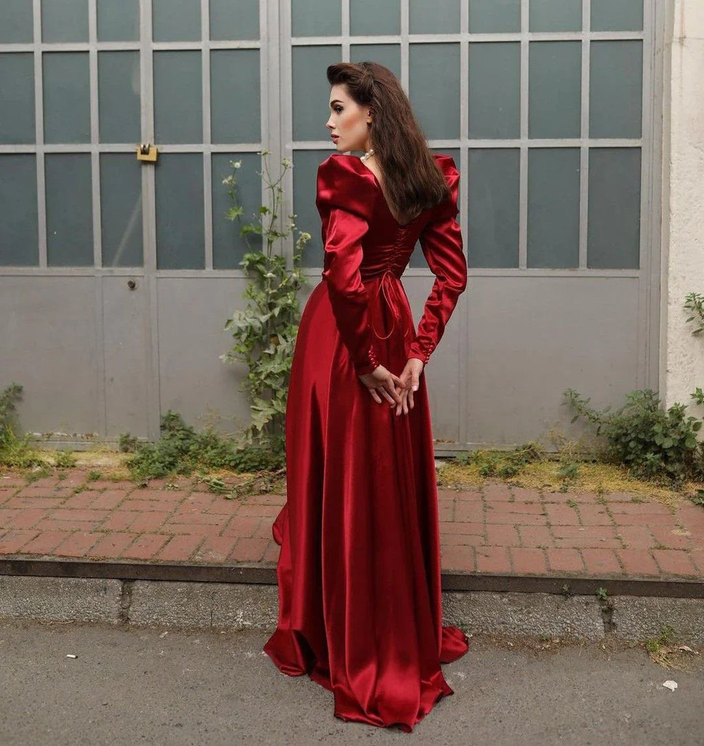 Robe de soirée élégante formelle bordeaux à manches longues Y4727