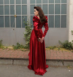 Robe de soirée élégante formelle bordeaux à manches longues Y4727