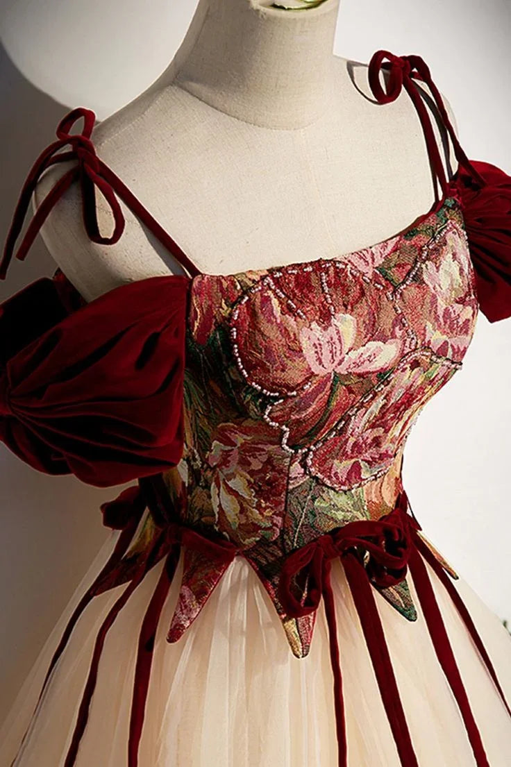 Champagner Tüll Spaghettiträger Langes Abschlussballkleid A-Linie Festkleid Y7952