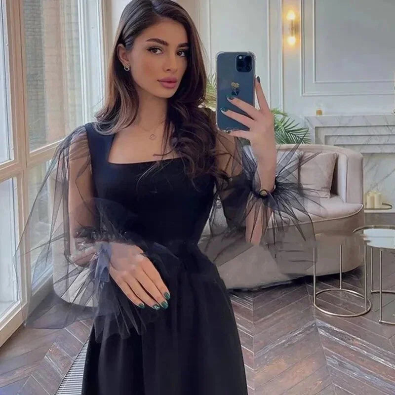 Robe de soirée élégante noire à manches longues, coupe en A, col carré simple, robes de fête pour femmes Y4557