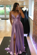 Vestido longo de cetim roxo com decote em V para baile, simples, corte em A, vestido de noite Y927