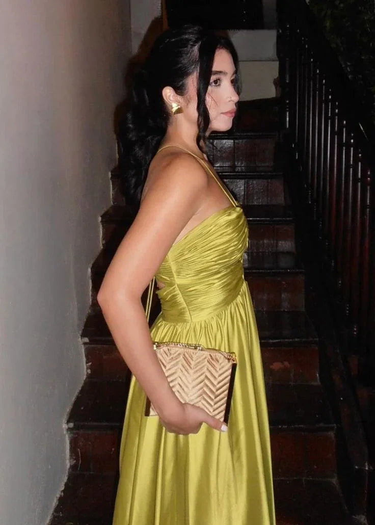 Robe de bal longue verte en satin froncée à col licou chic Robe de soirée formelle Y8098