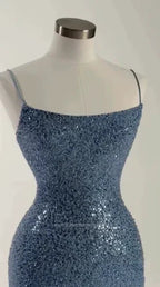 Hermoso vestido largo de fiesta azul con lentejuelas y cuentas, vestido formal de noche Y8512