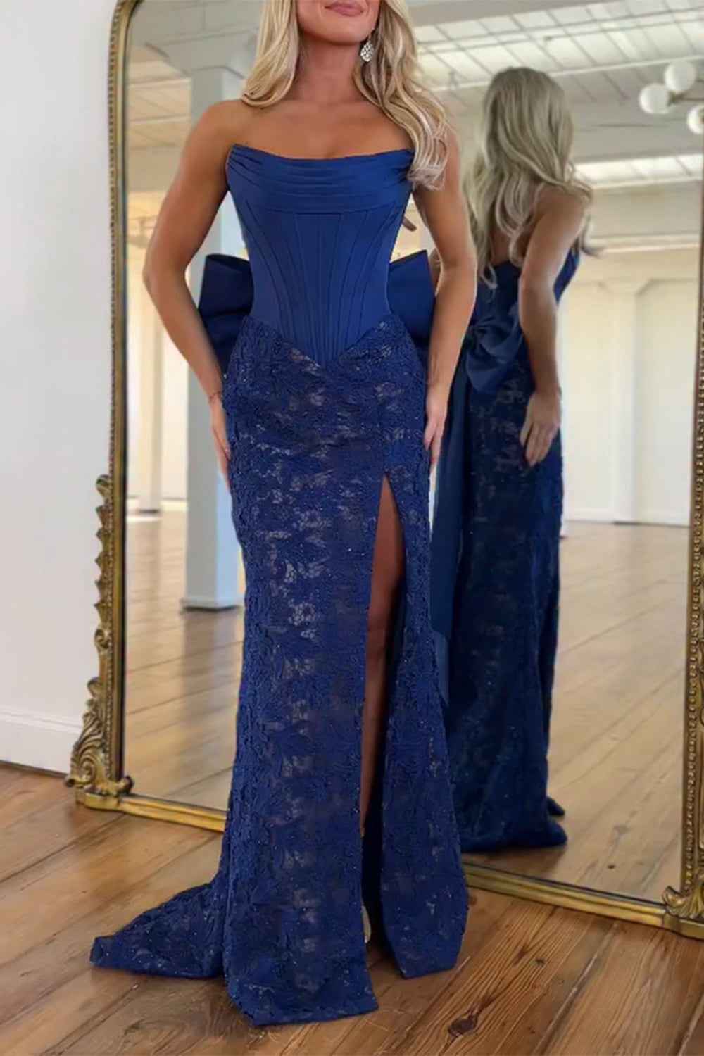 Red Lace Mermaid Strapless Long Corset Prom Dress With Bow