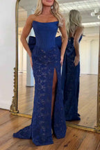 Red Lace Mermaid Strapless Long Corset Prom Dress With Bow