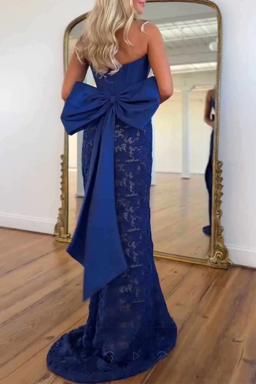 Red Lace Mermaid Strapless Long Corset Prom Dress With Bow