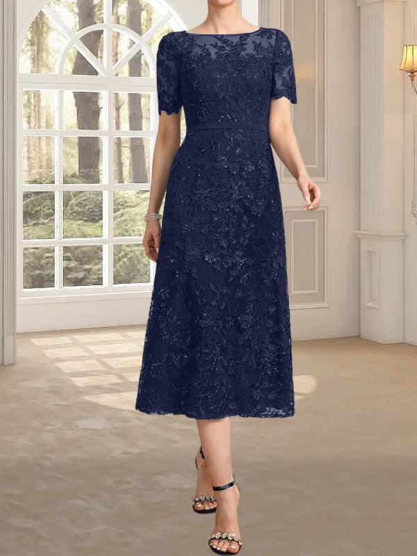 Robe de mère de la mariée en dentelle longueur thé, ligne A, décolleté illusion en forme de cuvette avec paillettes