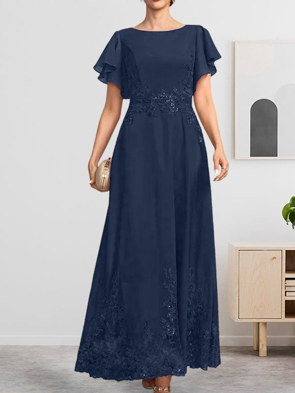 Robe de mère de la mariée en mousseline de soie à dentelle, longueur cheville, en forme trapèze avec décolleté arrondi et paillettes