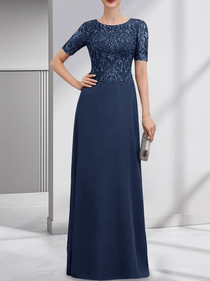 A-Linie U-Ausschnitt Bodenlang Spitzen-Chiffon-Kleid für die Brautmutter mit Pailletten