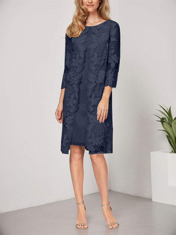 A-Linie U-Ausschnitt Knielang Chiffon Spitze Kleid für die Brautmutter mit Jacke 