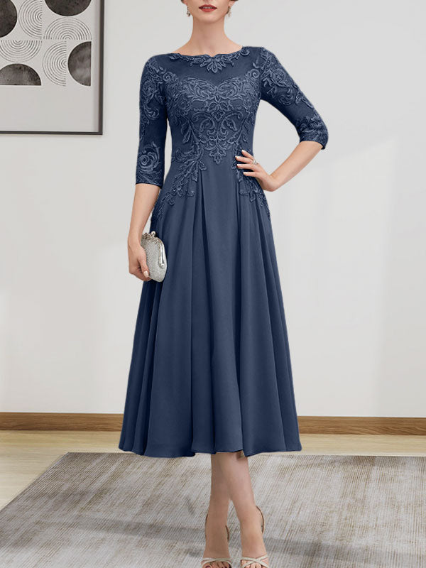 A-Linie, U-Ausschnitt, Illusion, knielang, Chiffon, Spitze, Kleid für die Brautmutter mit Perlen und Pailletten