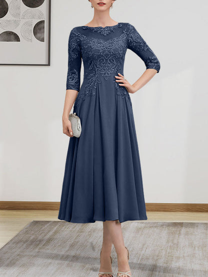A-Linie, U-Ausschnitt, Illusion, knielang, Chiffon, Spitze, Kleid für die Brautmutter mit Perlen und Pailletten