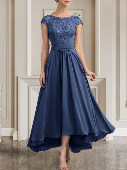 A-Linie U-Ausschnitt Bodenlang Spitzen-Chiffon-Kleid für die Brautmutter mit Pailletten