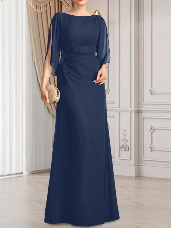 Vestido de madrina de novia de gasa largo hasta el suelo con corte columna y fajín plisado con cuentas