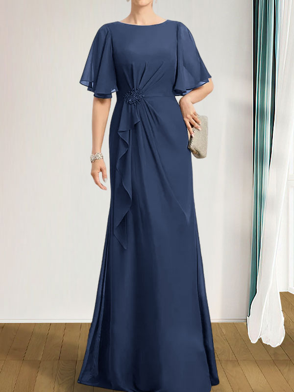 Robe de mère de la mariée en mousseline longueur au sol, en ligne A, décolleté arrondi, avec volants en cascade, perles et paillettes