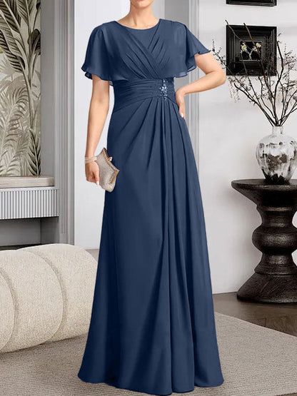 A-Linie, U-Ausschnitt, bodenlanges Chiffon-Kleid für die Brautmutter mit plissierter Perlenstickerei