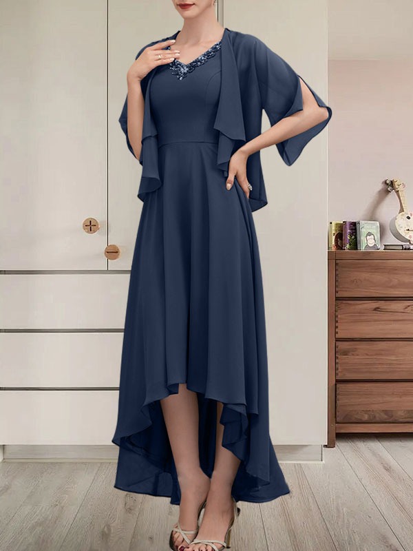 Vestido de gasa asimétrico para madre de la novia con escote en V, corte A y lentejuelas con abalorios