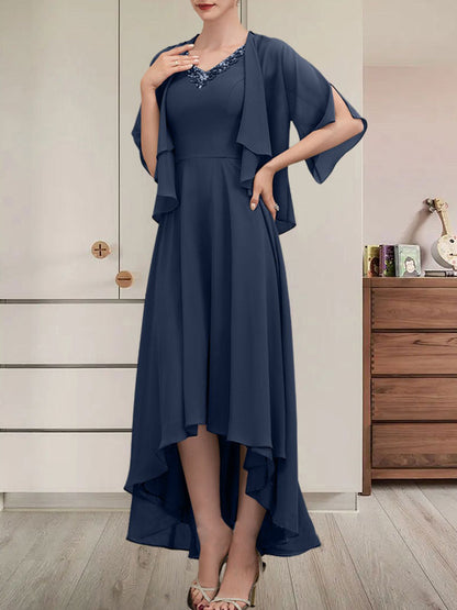 Vestido de gasa asimétrico para madre de la novia con escote en V, corte A y lentejuelas con abalorios