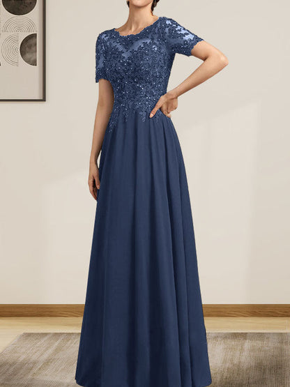 A-Linie U-Ausschnitt Illusion Bodenlang Chiffon Spitze Mutter der Braut Kleid mit Pailletten Perlen