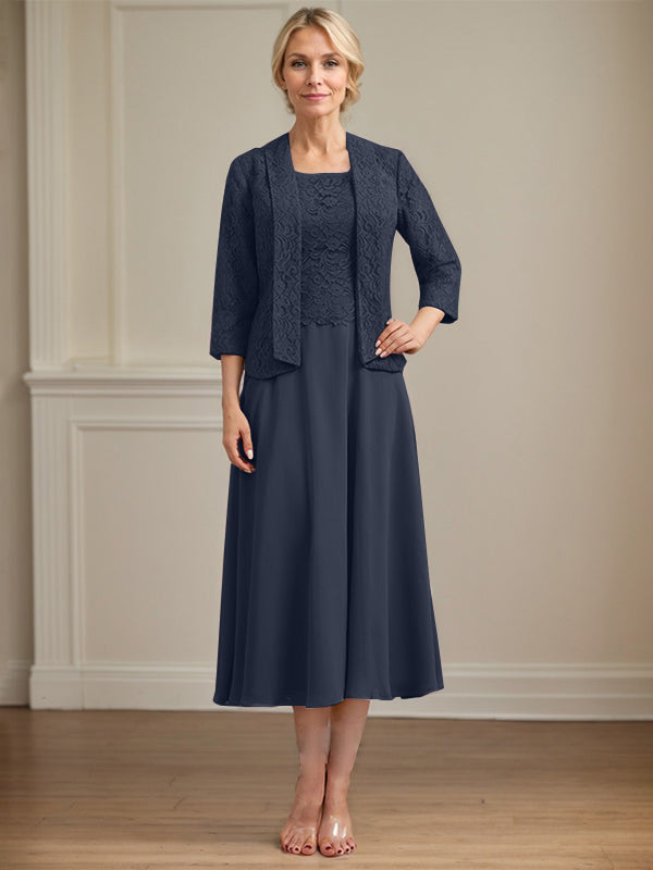 A-Linie U-Ausschnitt Wadenlang Chiffon-Kleid für die Brautmutter 
