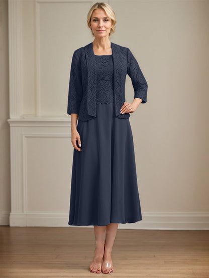 A-Linie U-Ausschnitt Wadenlang Chiffon-Kleid für die Brautmutter 