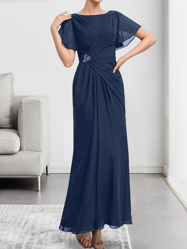Robe de mère de la mariée en mousseline, longueur cheville, en ligne A, encolure dégagée, ornée de perles et plissée