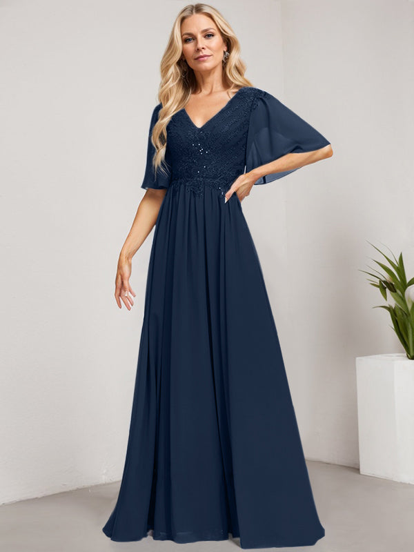 A-Linie V-Ausschnitt Bodenlanges Spitzen-Chiffon-Kleid für die Brautmutter mit Pailletten 