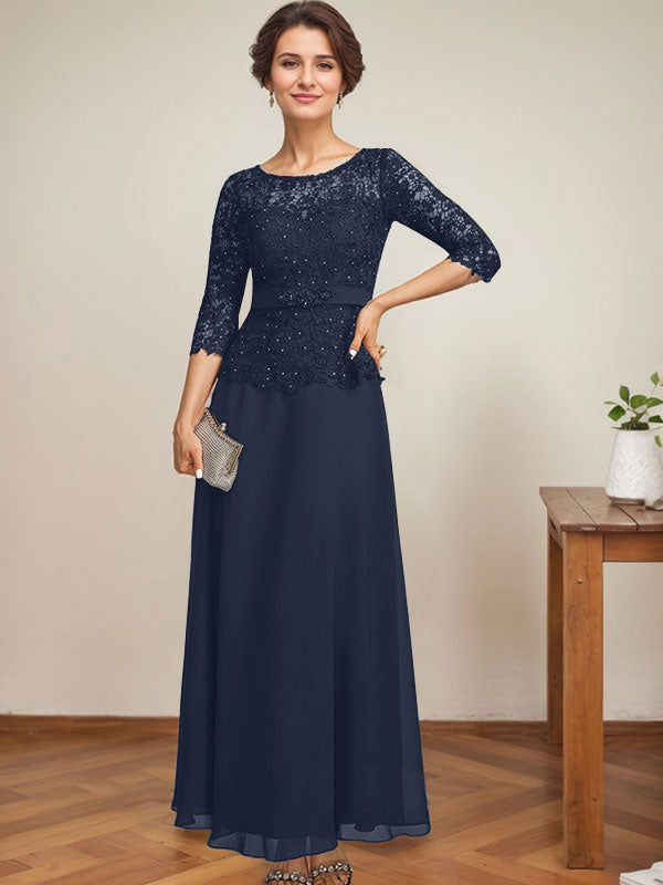 Robe de mère de la mariée en dentelle en mousseline, longueur cheville, coupe trapèze, décolleté illusion en forme de goutte, ornée de perles en strass