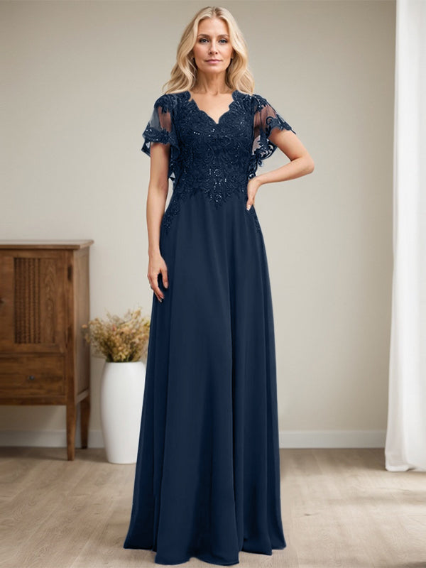 A-Linie V-Ausschnitt Bodenlanges Spitzen-Chiffon-Kleid für die Brautmutter mit Pailletten 