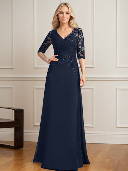 A-line V-Neck Floor-Length Lace Chiffon Mother of the Bride Dress With Pleated Sequins