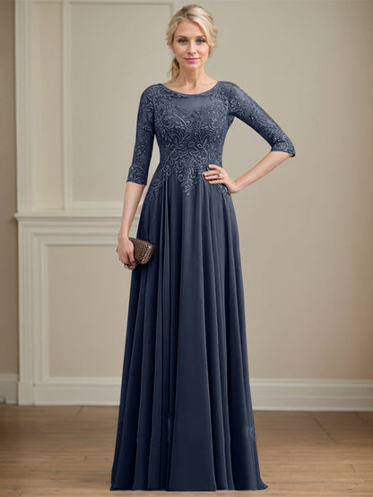 A-Linie, U-Ausschnitt, Illusion, bodenlanges Spitzen-Chiffon-Kleid für die Brautmutter mit Pailletten 