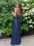 Blue A Line V Neck Beaded Back Tie Long Prom Dress