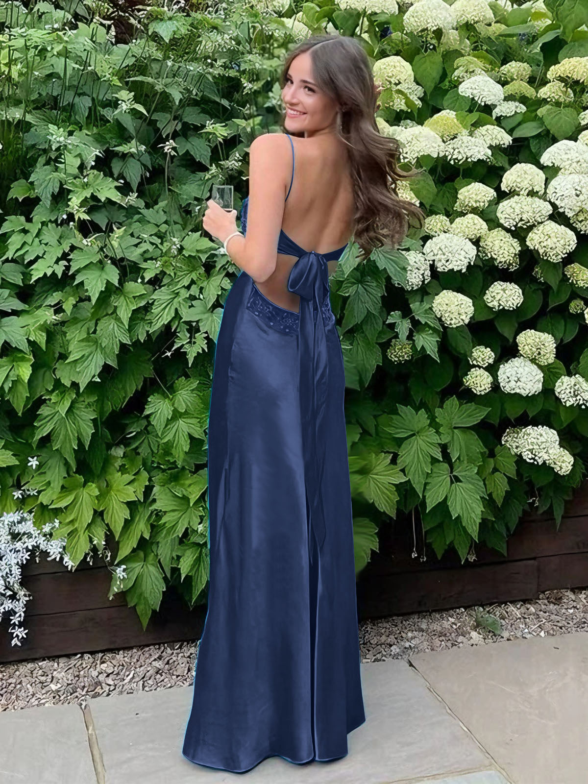 Blue A Line V Neck Beaded Back Tie Long Prom Dress