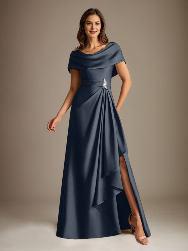 Robe de mère de la mariée en satin extensible, longueur au sol, coupe en A avec encolure dégagée et volants en cascade
