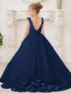 Elegant White Tulle Flower Girl Applique Lace Dress With Sweep Train