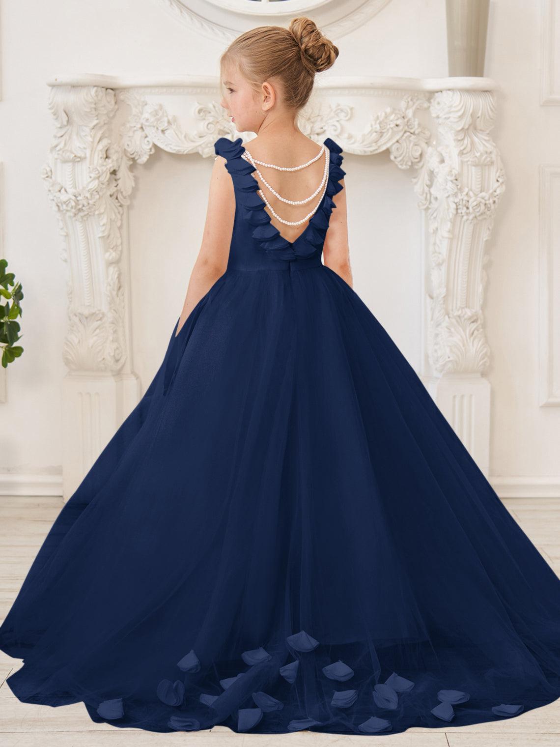 Elegant White Tulle Flower Girl Applique Lace Dress With Sweep Train