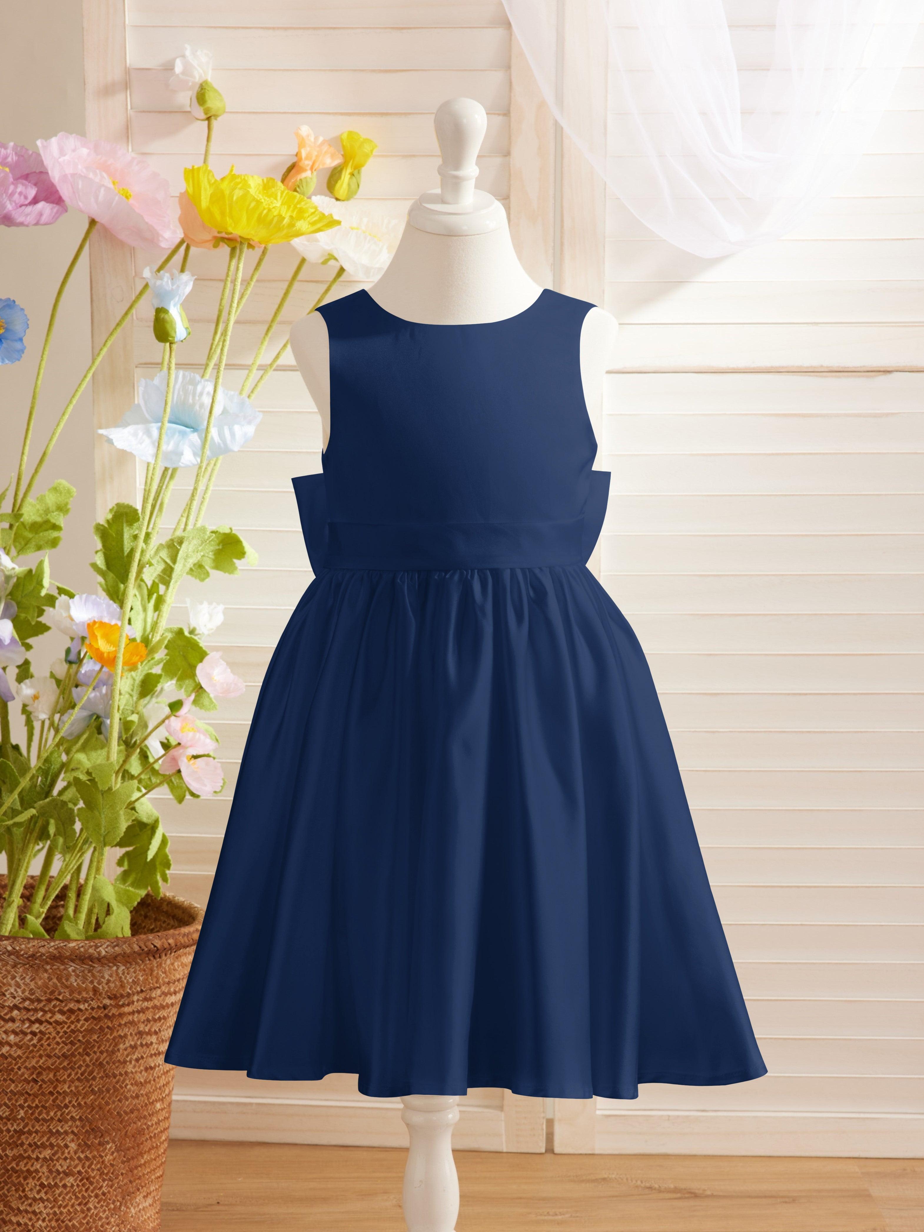 Ivory Satin Knee Length Flower Girl Dress Princess A Line Bow