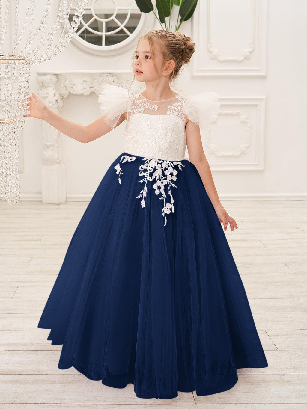 Detachable Lace Tulle Flower Girl Dress With Bow And Sweep Train