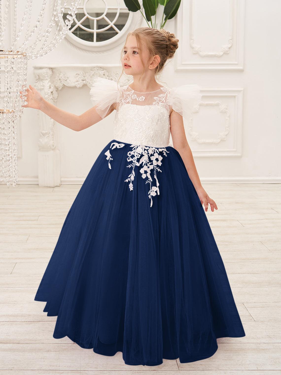 Detachable Lace Tulle Flower Girl Dress With Bow And Sweep Train
