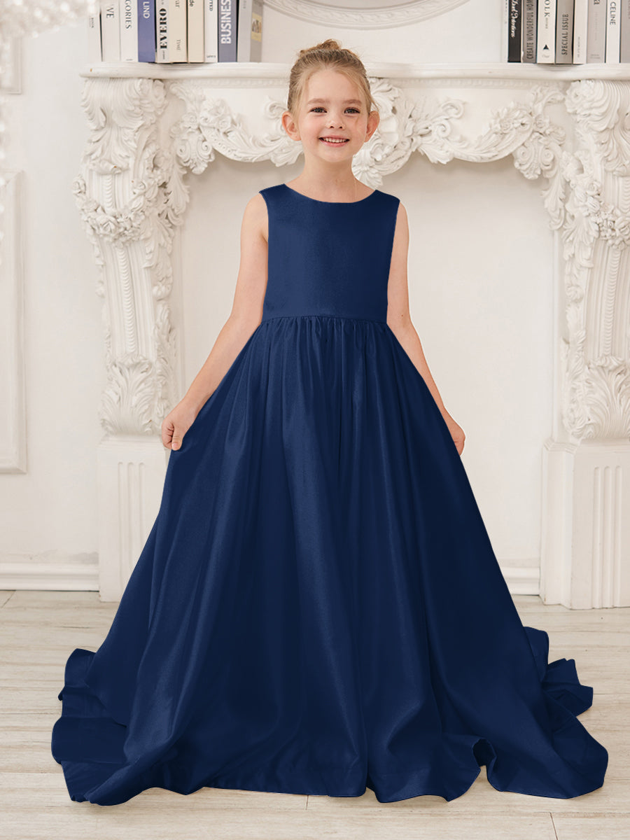 Robe de demoiselle d'honneur en satin sans manches de princesse coupe A avec traîne et nœud 