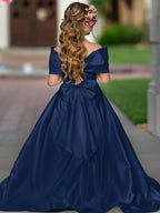 Ivory Satin Flower Girl Princess Ball Gown With Sweep Train And Bow Trim